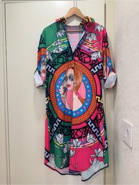 Delicious Multicolor Geometric Button-Front Top in Black, Yellow, Blue, Pink